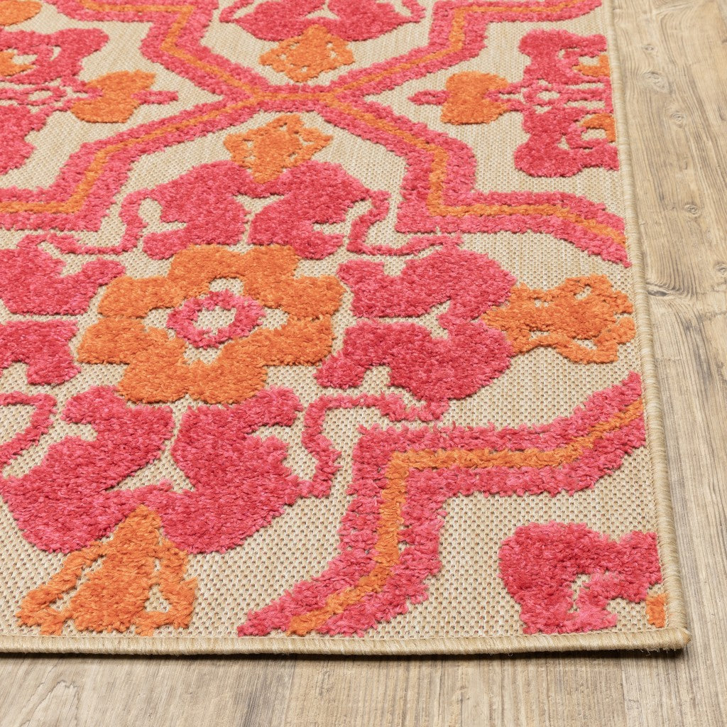 6' X 9' Pink And Orange Medallion Indoor Outdoor Area Rug