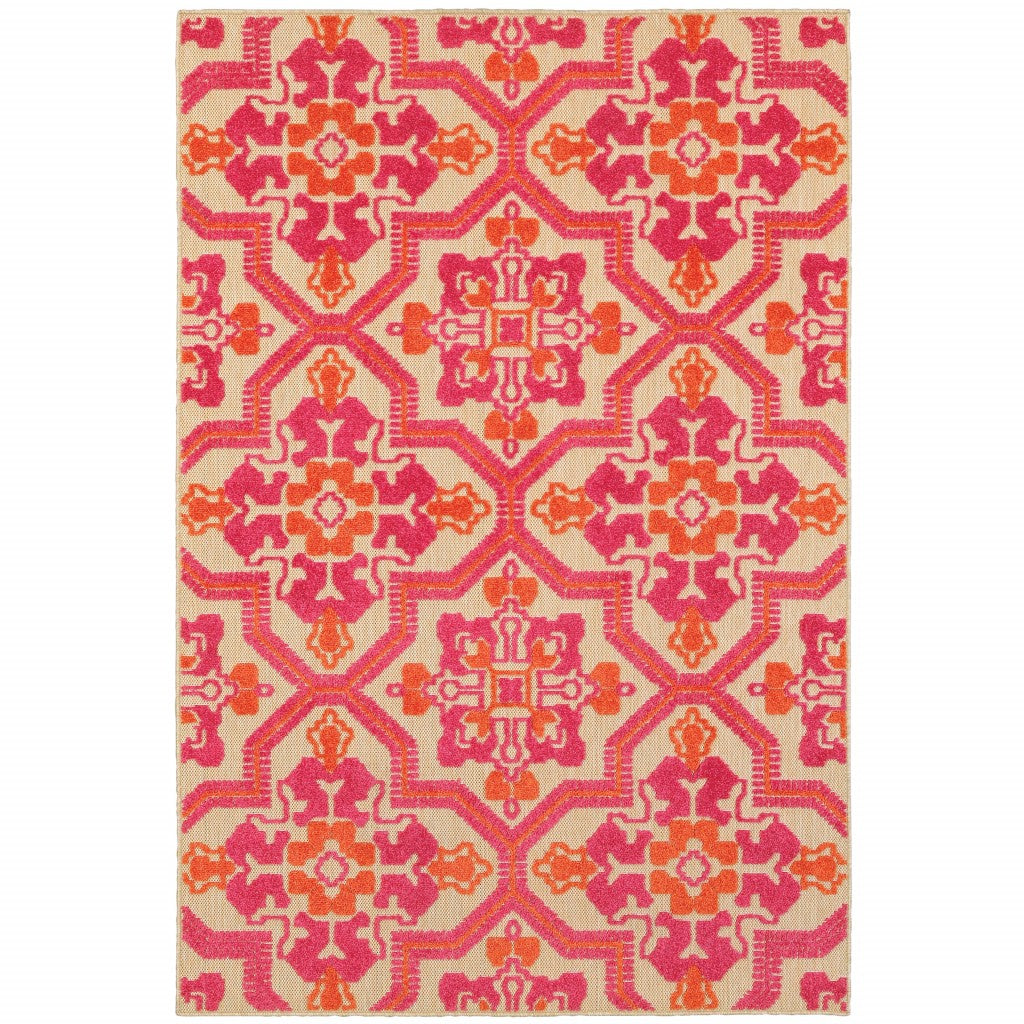7 X 10 Pink And Orange Medallion Indoor Outdoor Area Rug