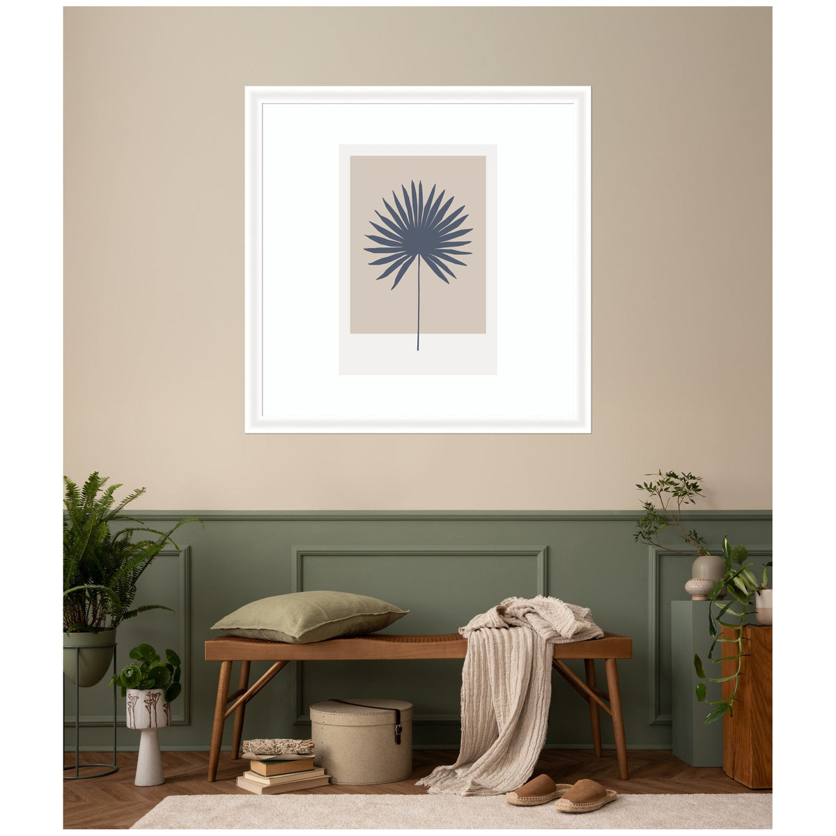 Muted Tan and Blue Colorblock Botanical Palm by The Creative Bunch Studio Framed Wall Art Print