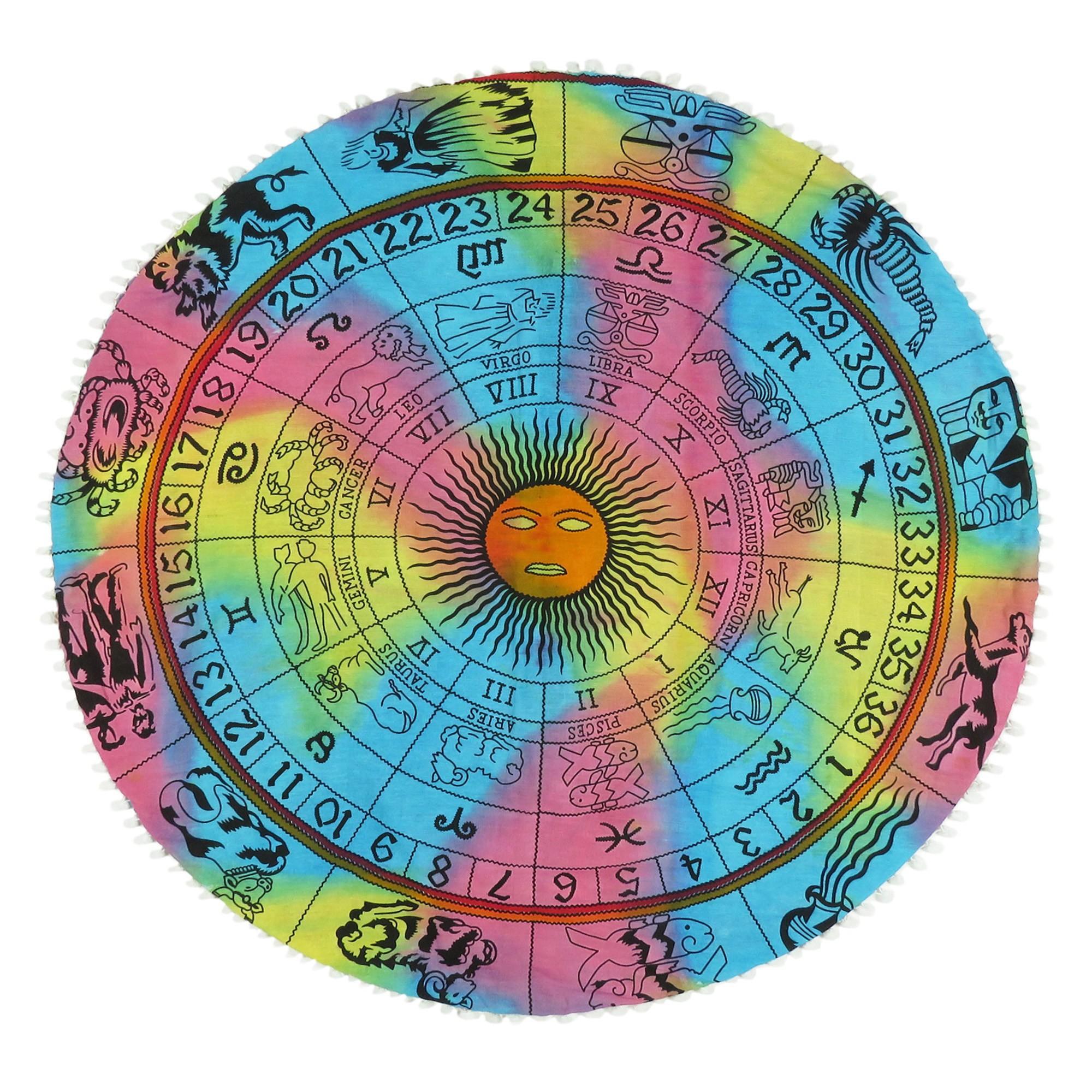 32 X 32 Blue And Pink Round Horoscope Fabric Floor Throw Pillow Cover with Pompoms