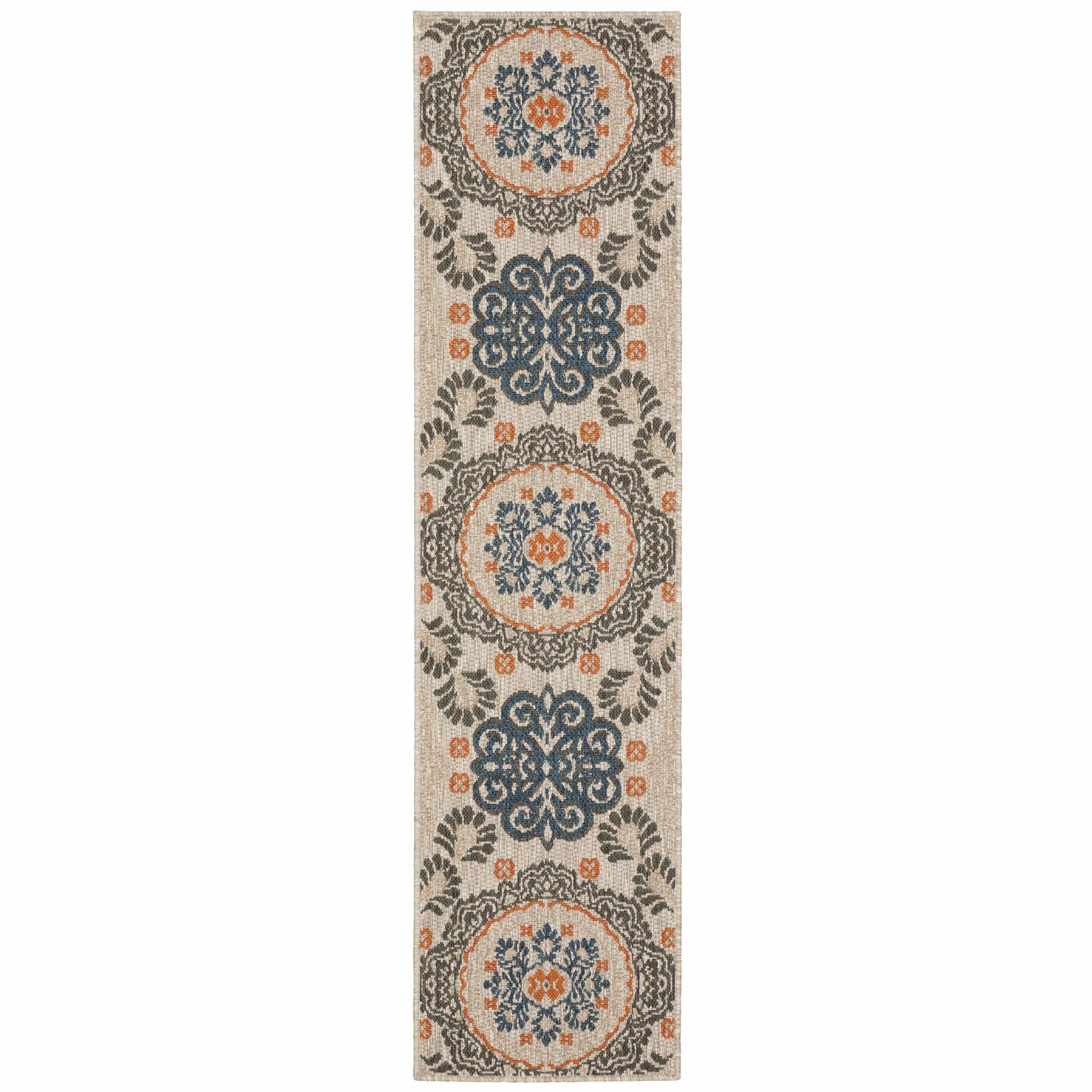 8 Grey Blue  Floral Indoor Outdoor Runner Rug