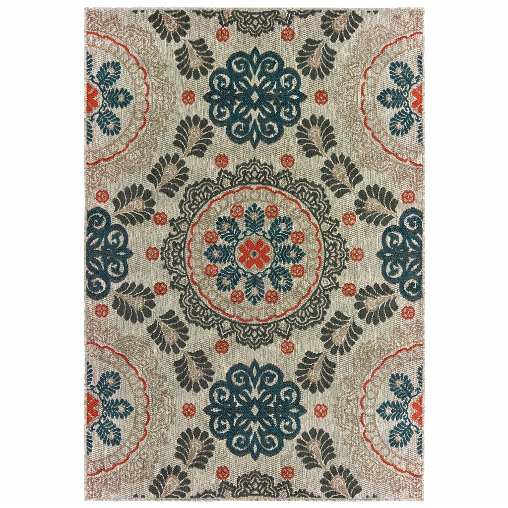 HomeRoots 7' x 9' Blue and Gray Damask Indoor Outdoor Area Rug