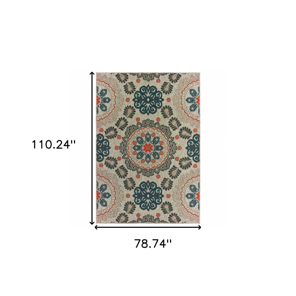 HomeRoots 7' x 9' Blue and Gray Damask Indoor Outdoor Area Rug