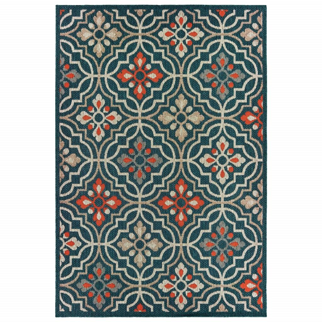 10X13 Blue Orange Floral Lattice Indoor Outdoor Area Rug