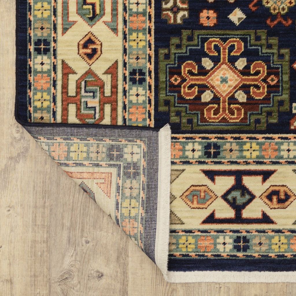 HomeRoots Wool, Nylon 5' x 8' Blue Ivory Machine Woven Medallion Indoor Area Rug