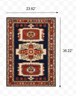 HomeRoots Wool, Nylon 2' x 3' Blue Red Machine Woven Medallions Indoor Area Rug
