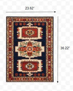 HomeRoots Wool, Nylon 2' x 3' Blue Red Machine Woven Medallions Indoor Area Rug