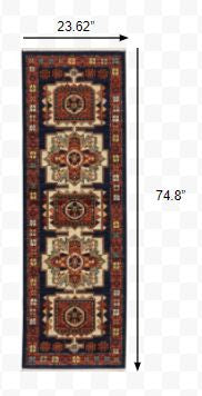HomeRoots Wool, Nylon 6' Blue Red Machine Woven Medallions Indoor Runner Rug
