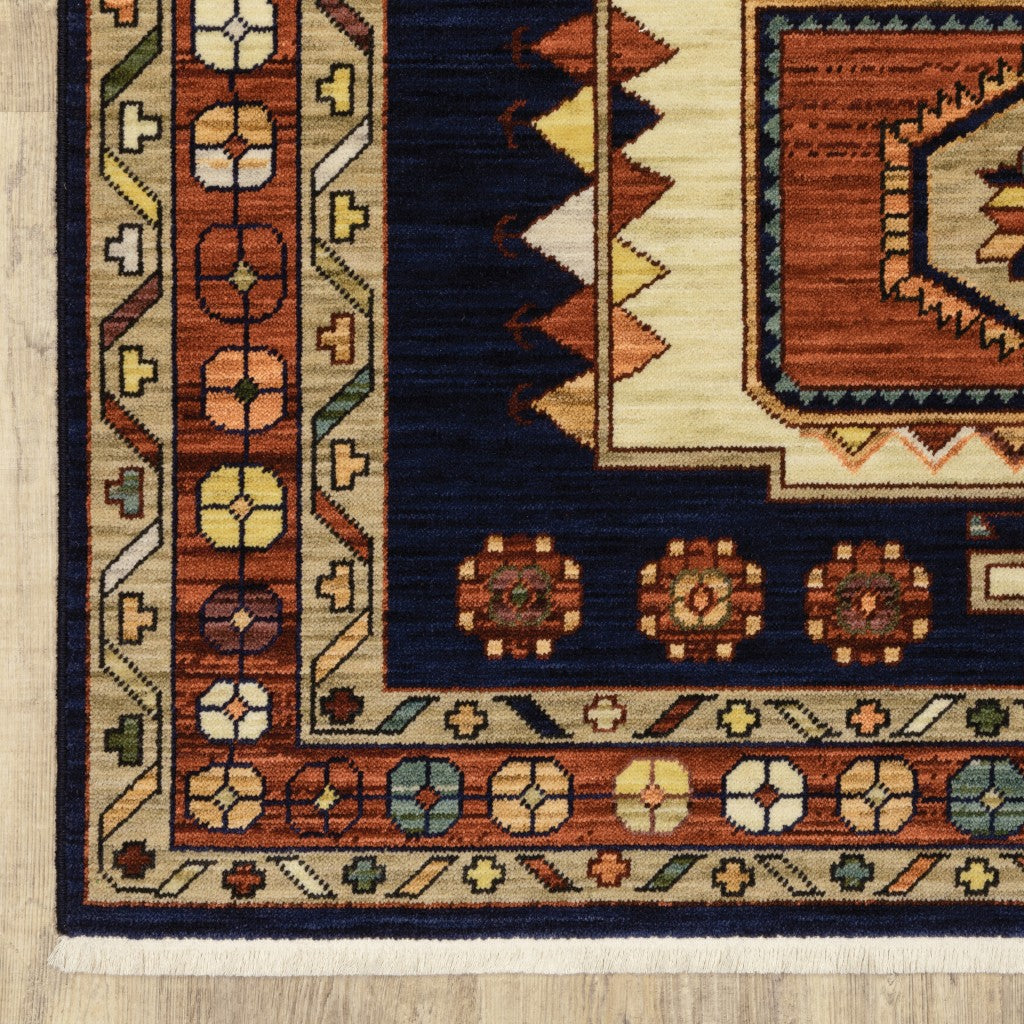 HomeRoots Wool, Nylon 9' x 12' Blue Red Machine Woven Medallions Indoor Area Rug