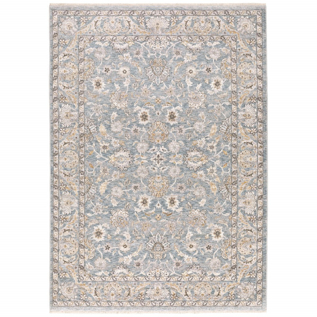 HomeRoots Polyester 6' x 9' Blue Ivory Machine Woven Floral Oriental Indoor Area Rug
