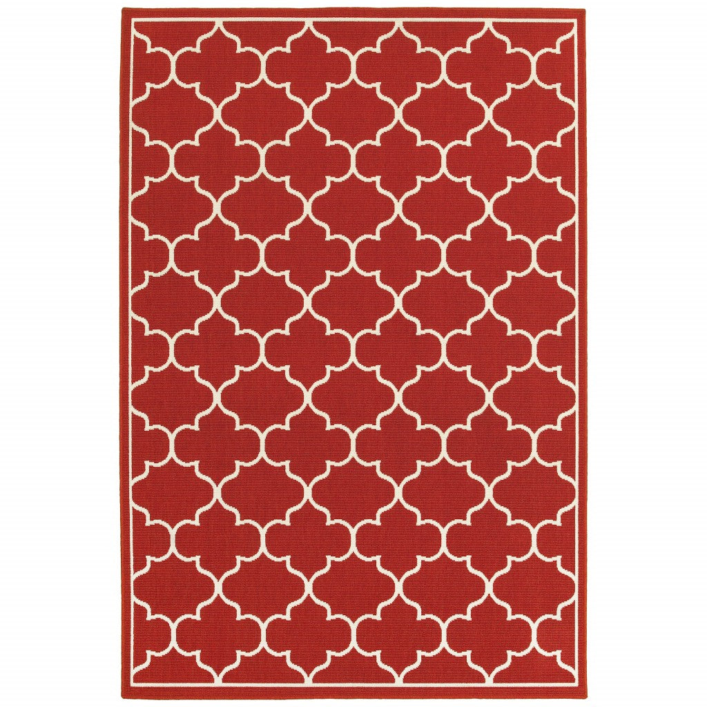 HomeRoots Polypropylene 8’x11’ Red and Ivory Trellis Indoor Outdoor Area Rug