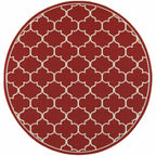 HomeRoots Polypropylene 8’ Round Red and Ivory Trellis Indoor Outdoor Area Rug