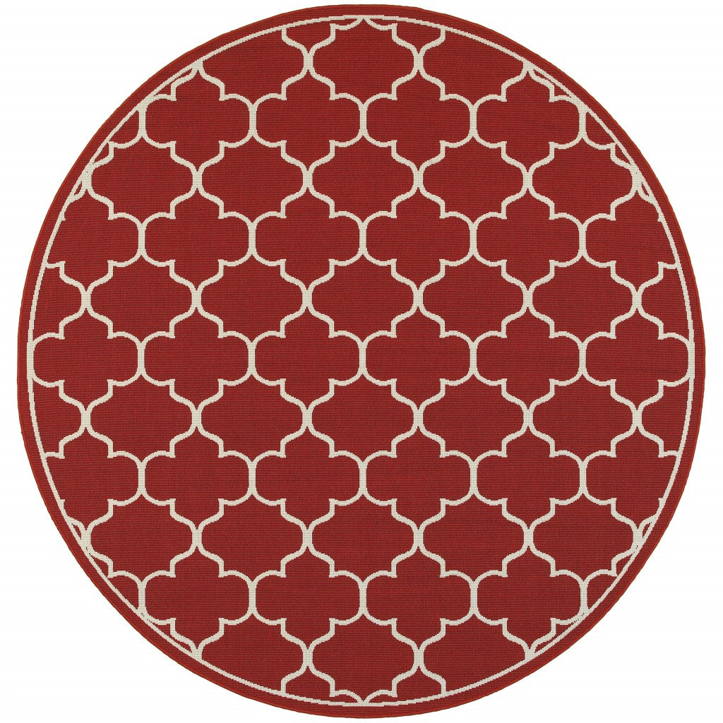 HomeRoots Polypropylene 8’ Round Red and Ivory Trellis Indoor Outdoor Area Rug
