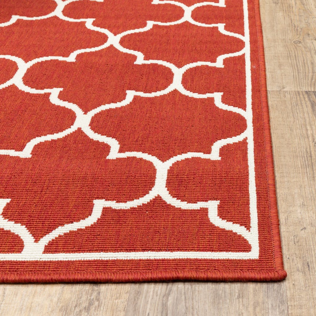 HomeRoots Polypropylene 8’ Round Red and Ivory Trellis Indoor Outdoor Area Rug