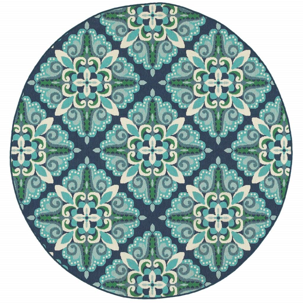 8 Round Blue And Green Floral Indoor Outdoor Area Rug