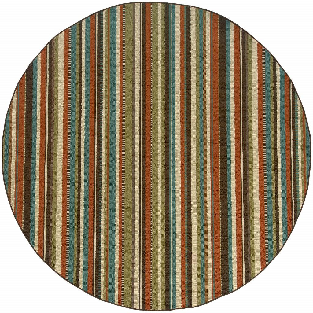 8 Round Green And Brown Striped Indoor Outdoor Area Rug