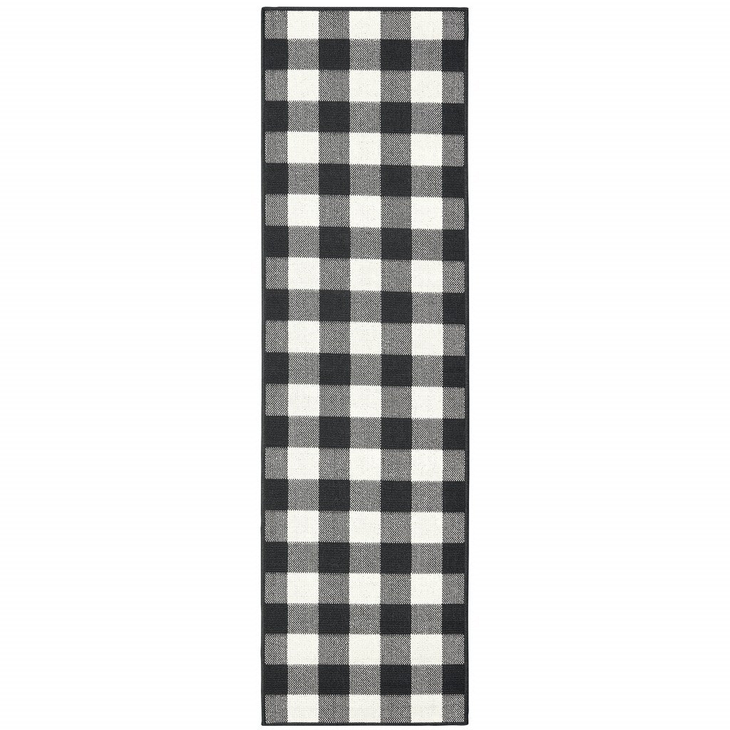 HomeRoots Polypropylene 2’x8’ Black and Ivory Gingham Indoor Outdoor Runner Rug