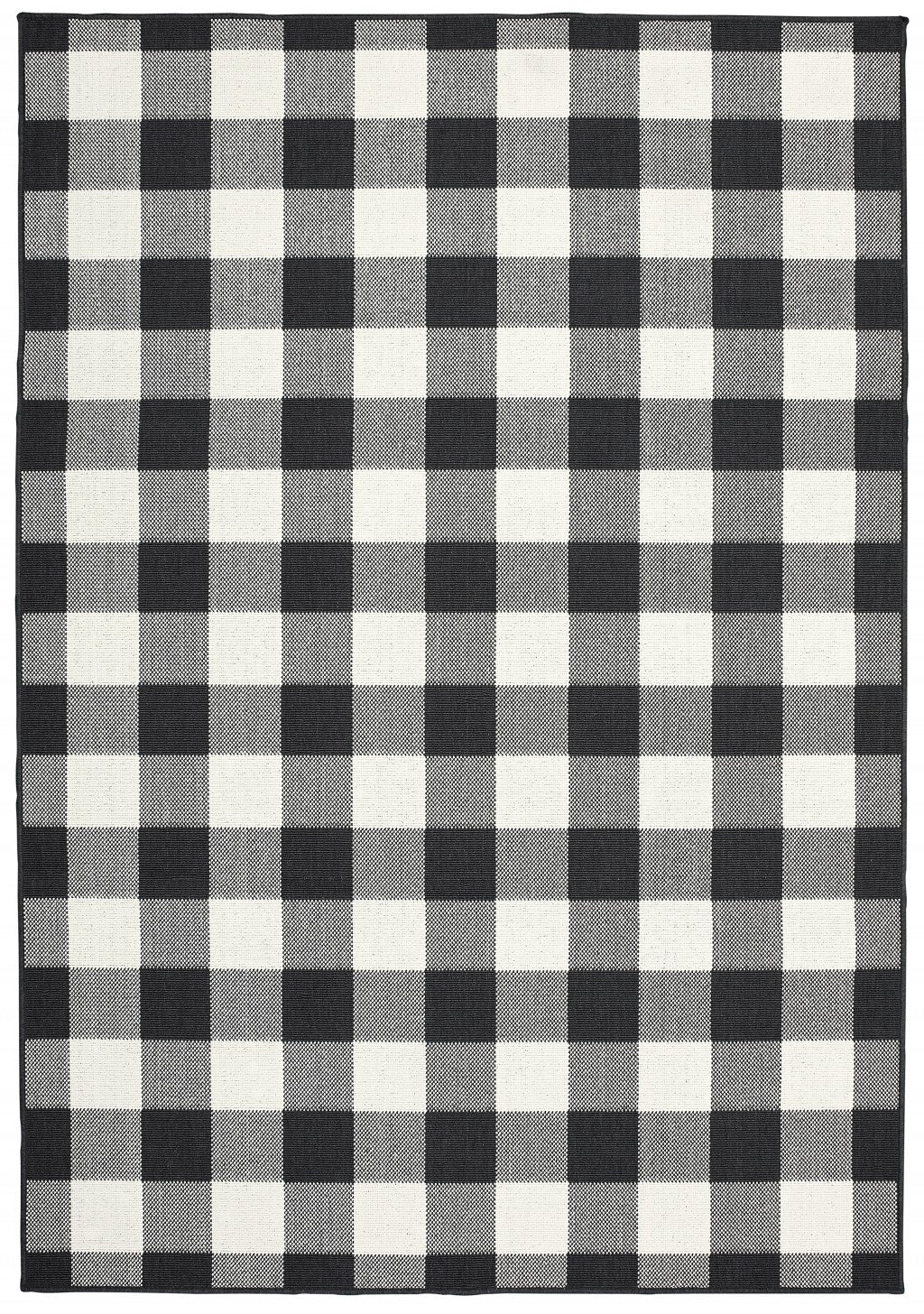 HomeRoots Polypropylene 7’x10’ Black and Ivory Gingham Indoor Outdoor Area Rug