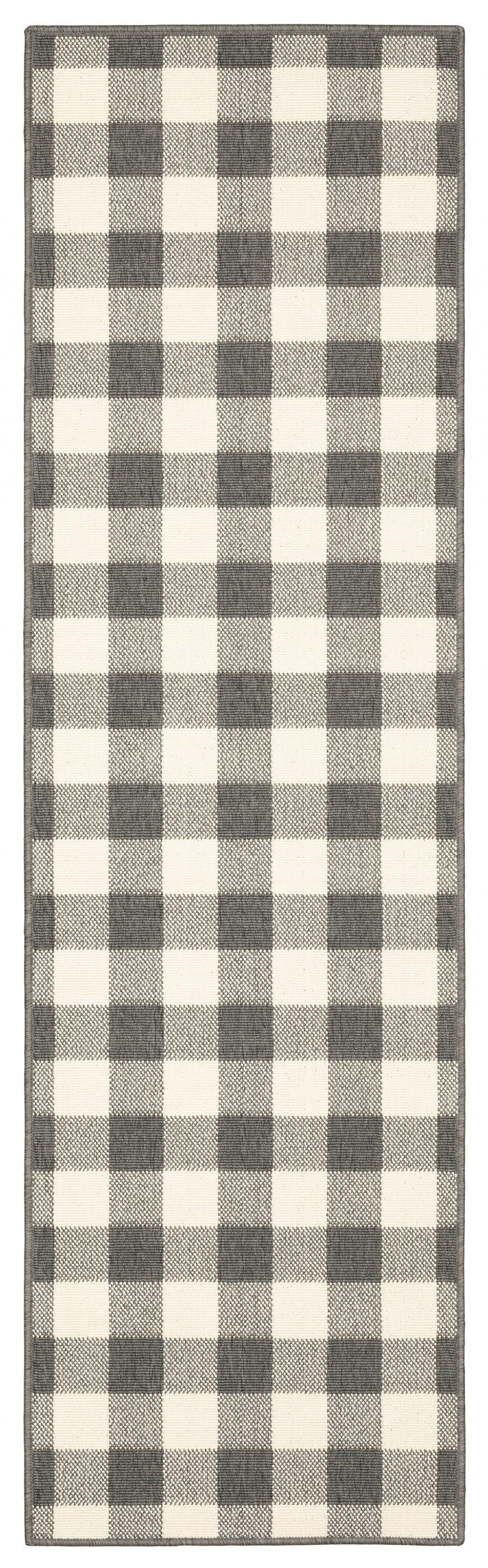 HomeRoots Grey Polypropylene 2’x8’ Gray and Ivory Gingham Indoor Outdoor Runner Rug