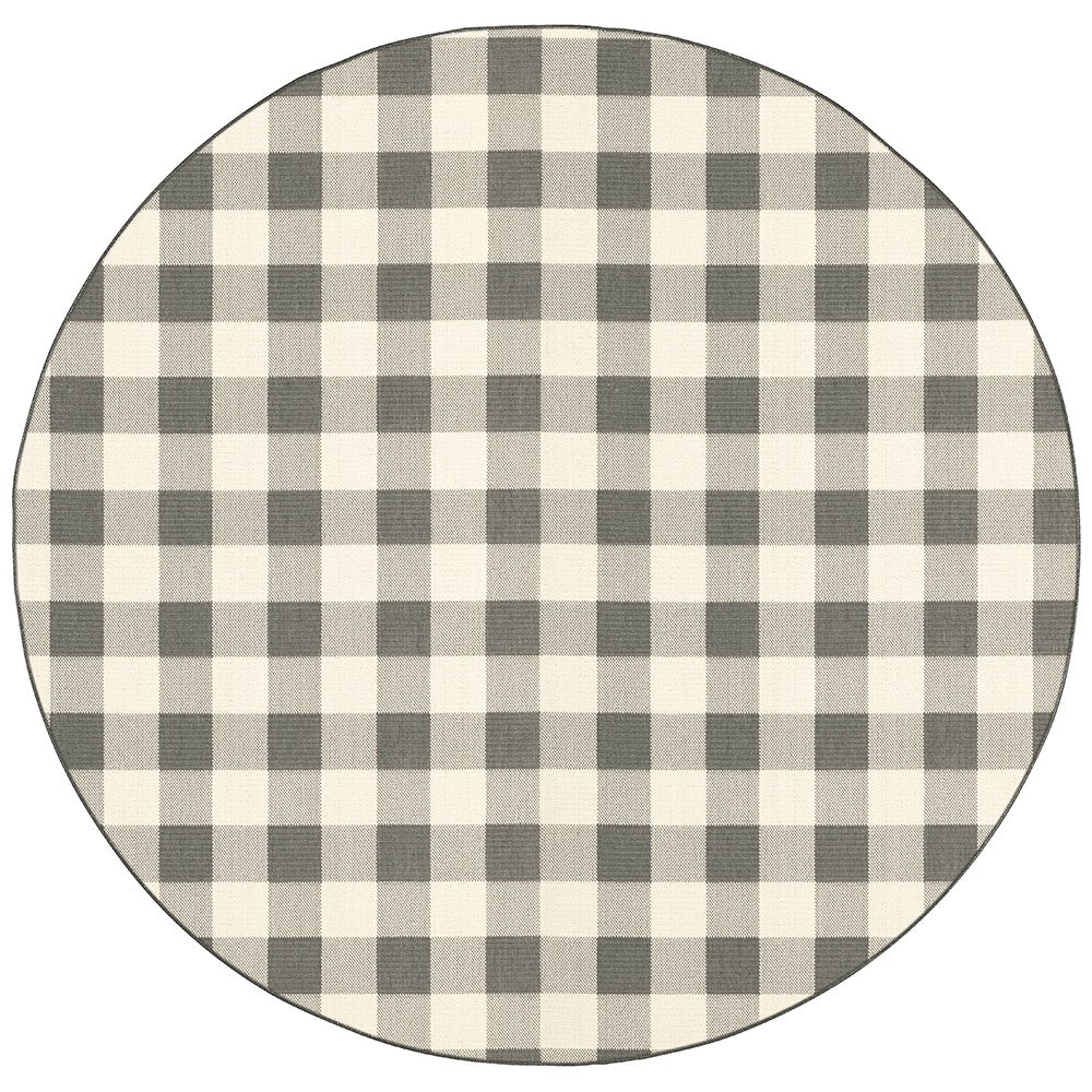HomeRoots Grey Polypropylene 8’ Round Gray and Ivory Gingham Indoor Outdoor Area Rug