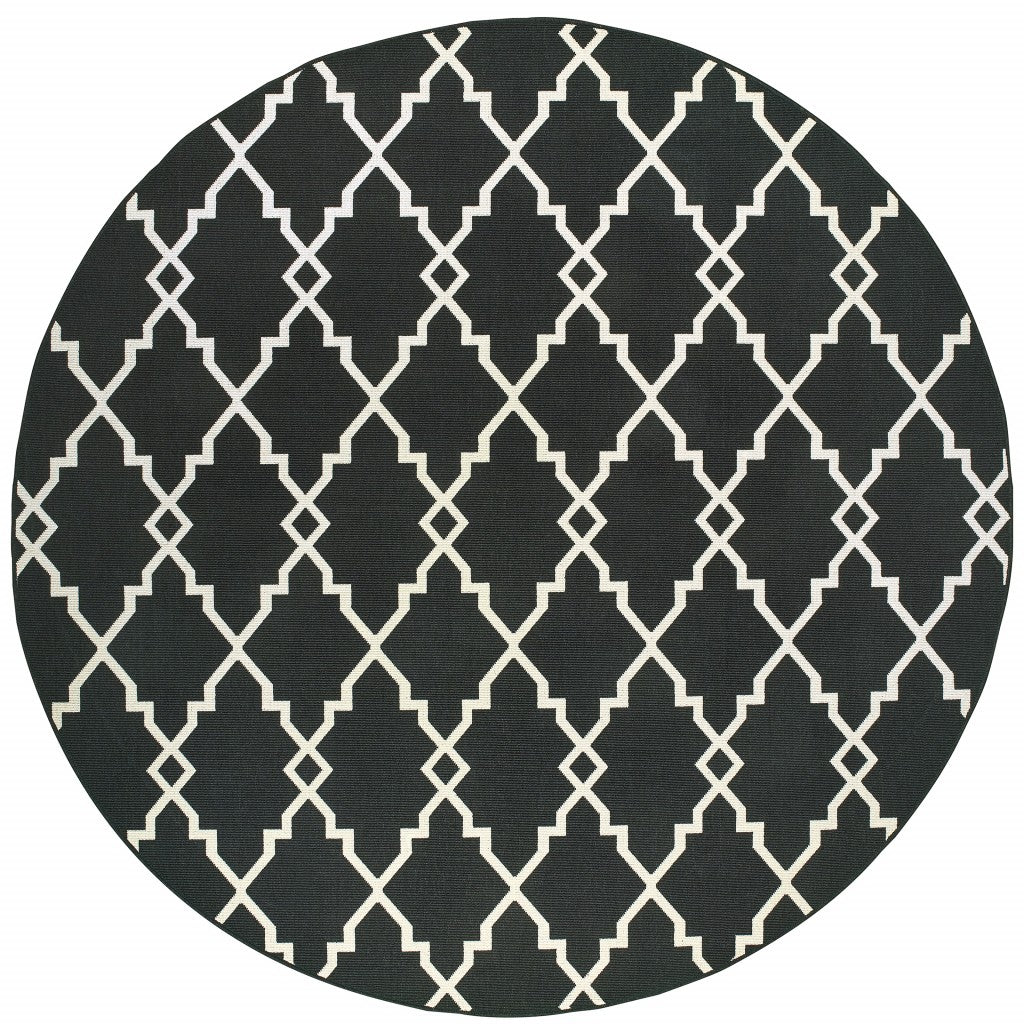 8 Round Black And Ivory Trellis Indoor Outdoor Area Rug
