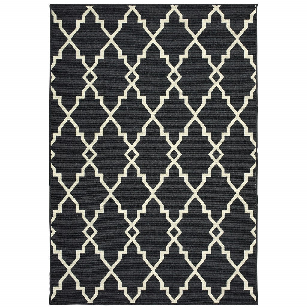 9X13 Black And Ivory Trellis Indoor Outdoor Area Rug