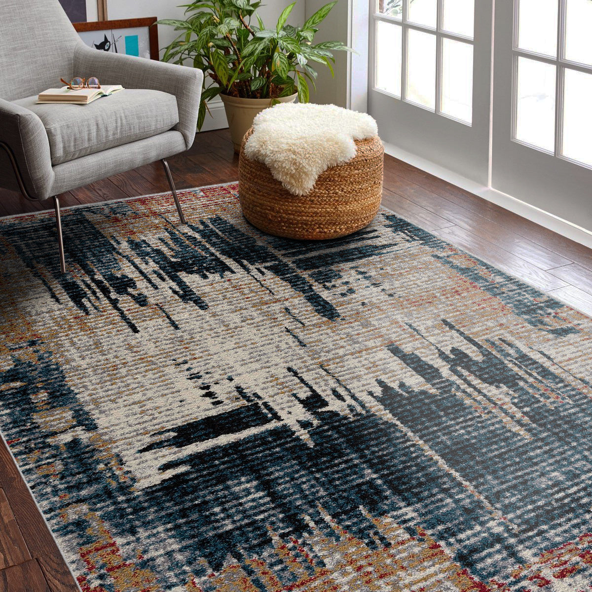 HomeRoots Multi 100% Twisted Polyester 4â€ x 6â€ Blue and Red Mod Distressed Area Rug