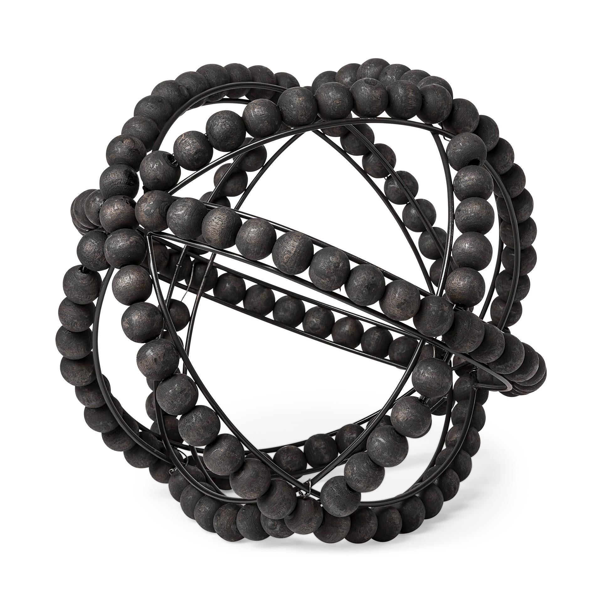 11 Black Wooden Bead And Metal Orb Sculpture