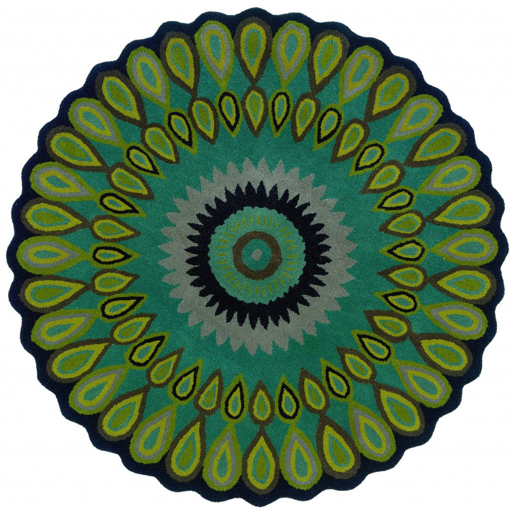 3 Round Green Peacock Feather Area Rug