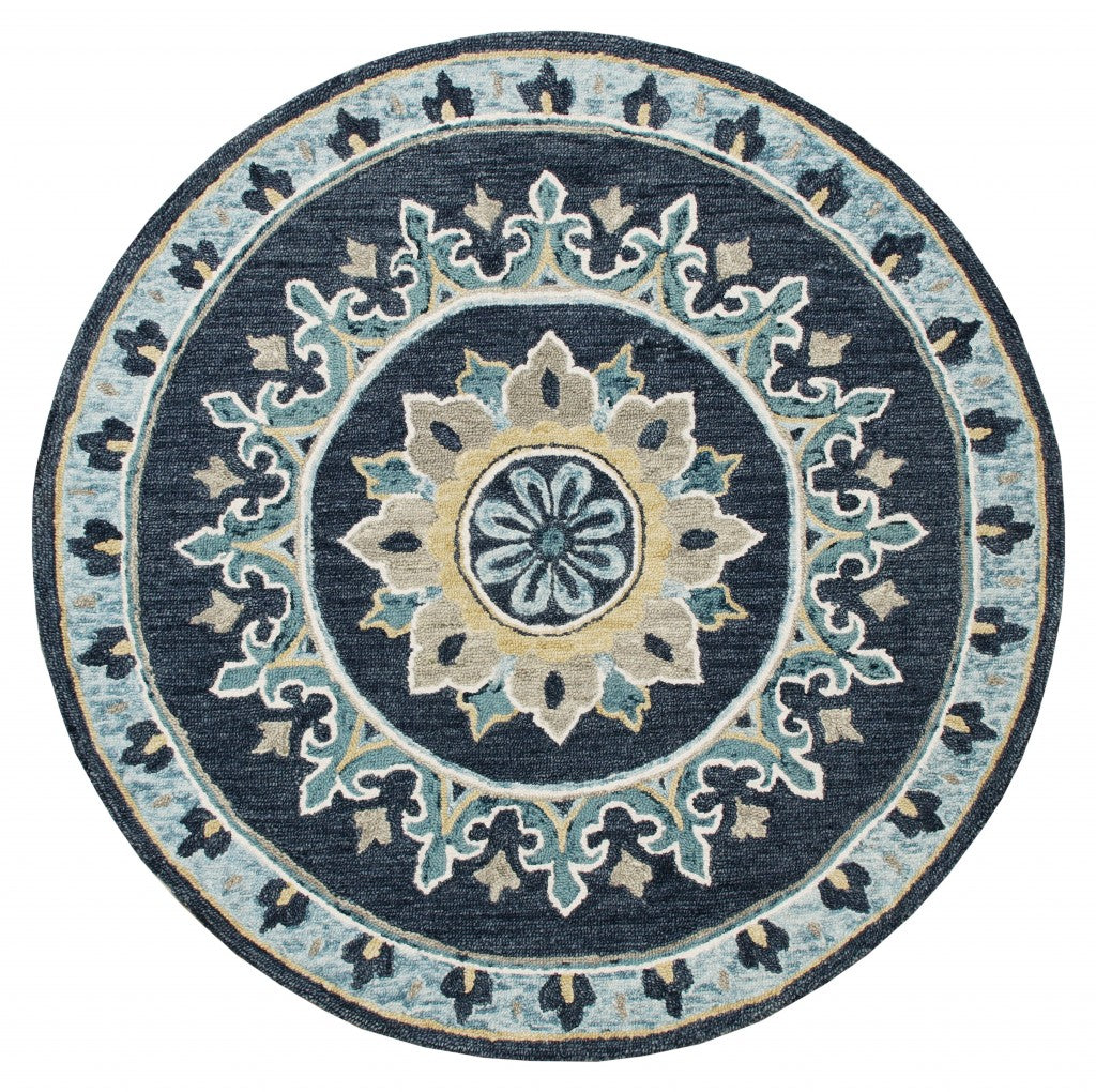7 Round Blue Floral Medallion Area Rug