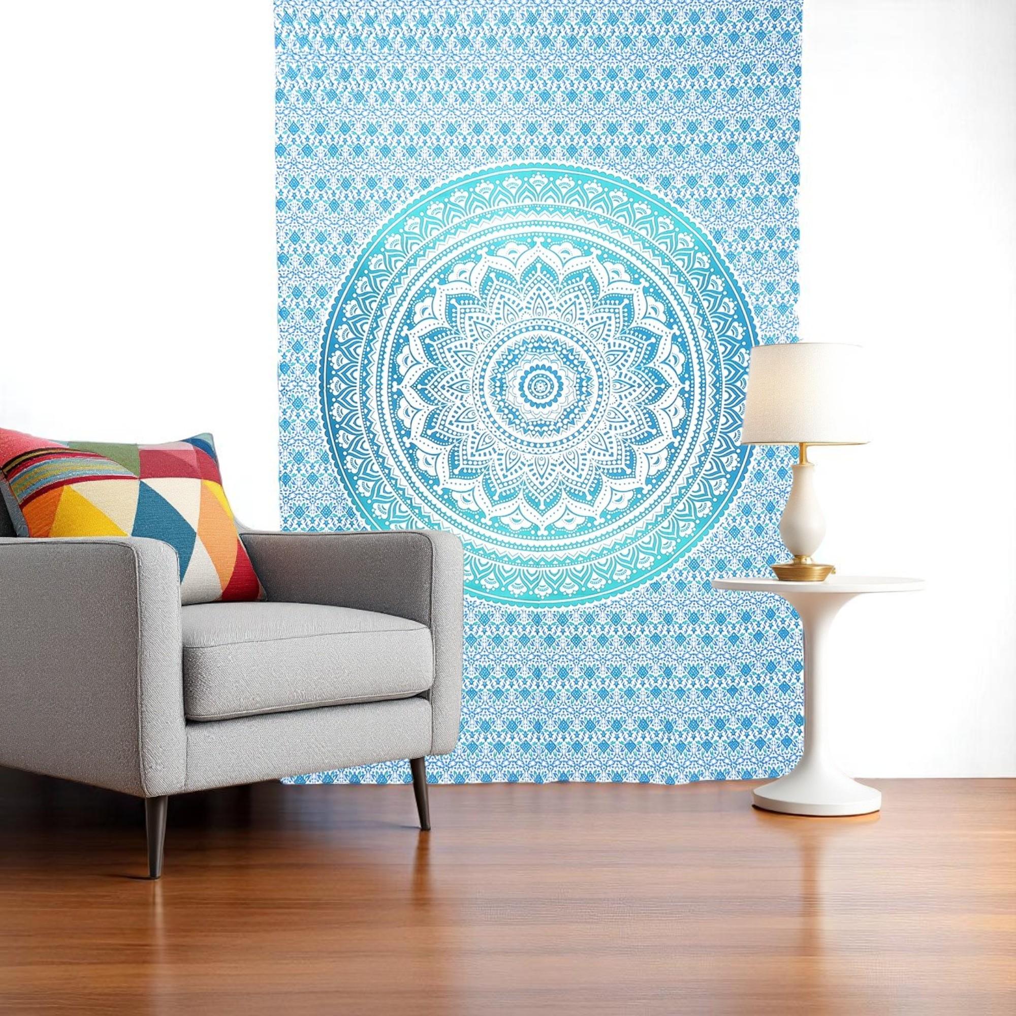 80 X 56 Blue And White Mandala Cotton Hanging Tapestry