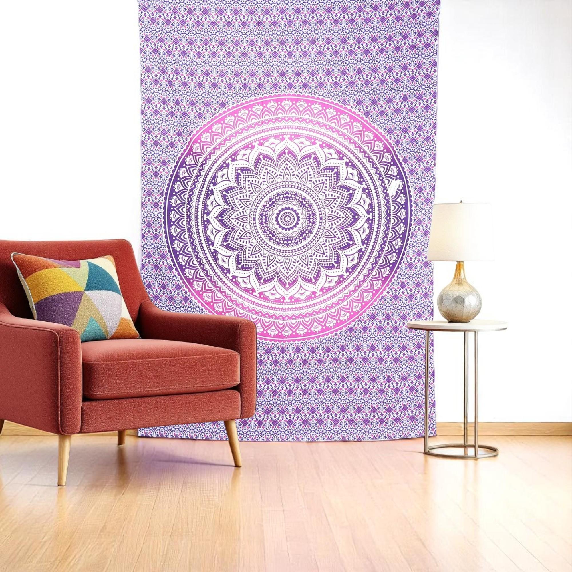 80 X 56 Purple And White Mandala Cotton Hanging Tapestry