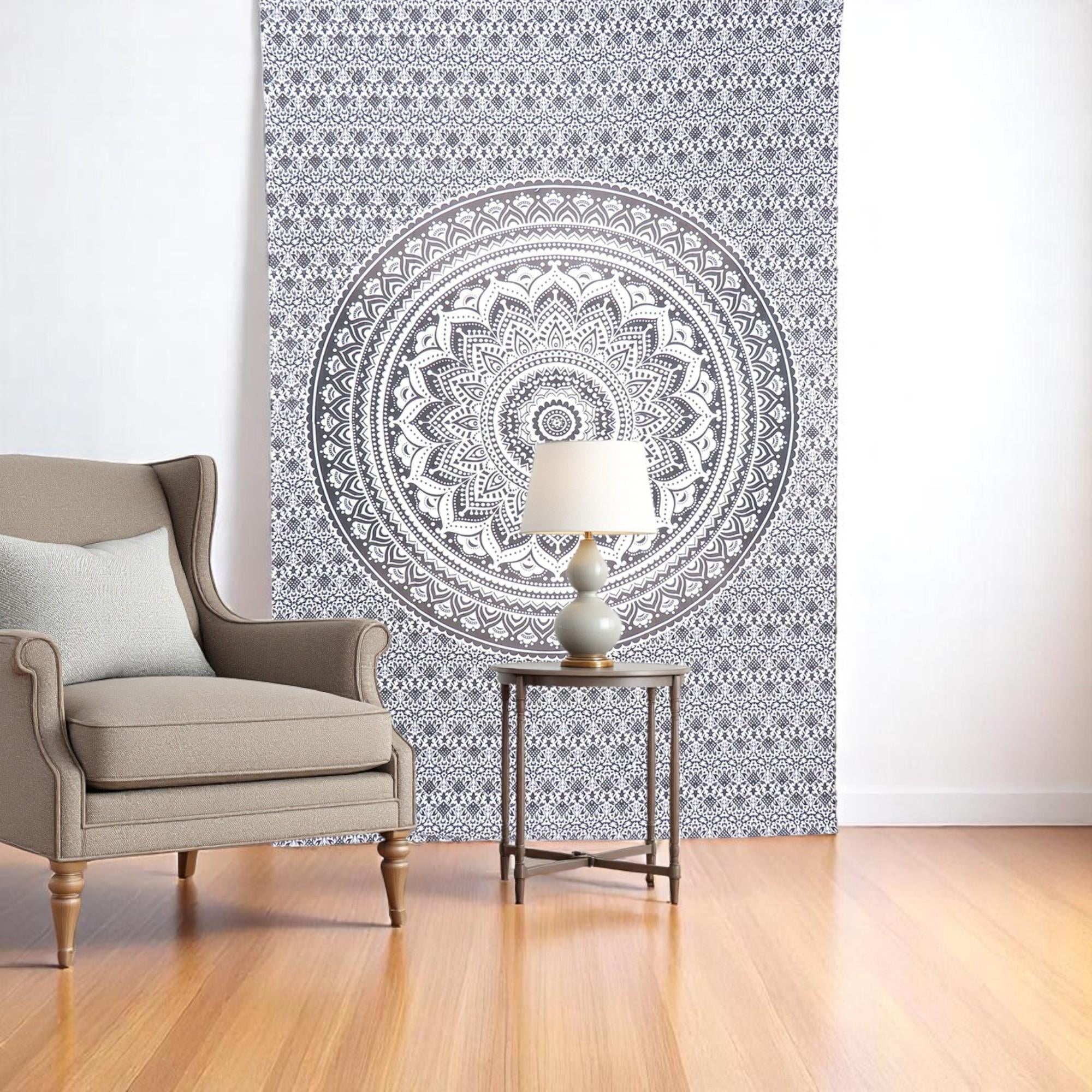 80 X 56 Gray And White Mandala Cotton Hanging Tapestry