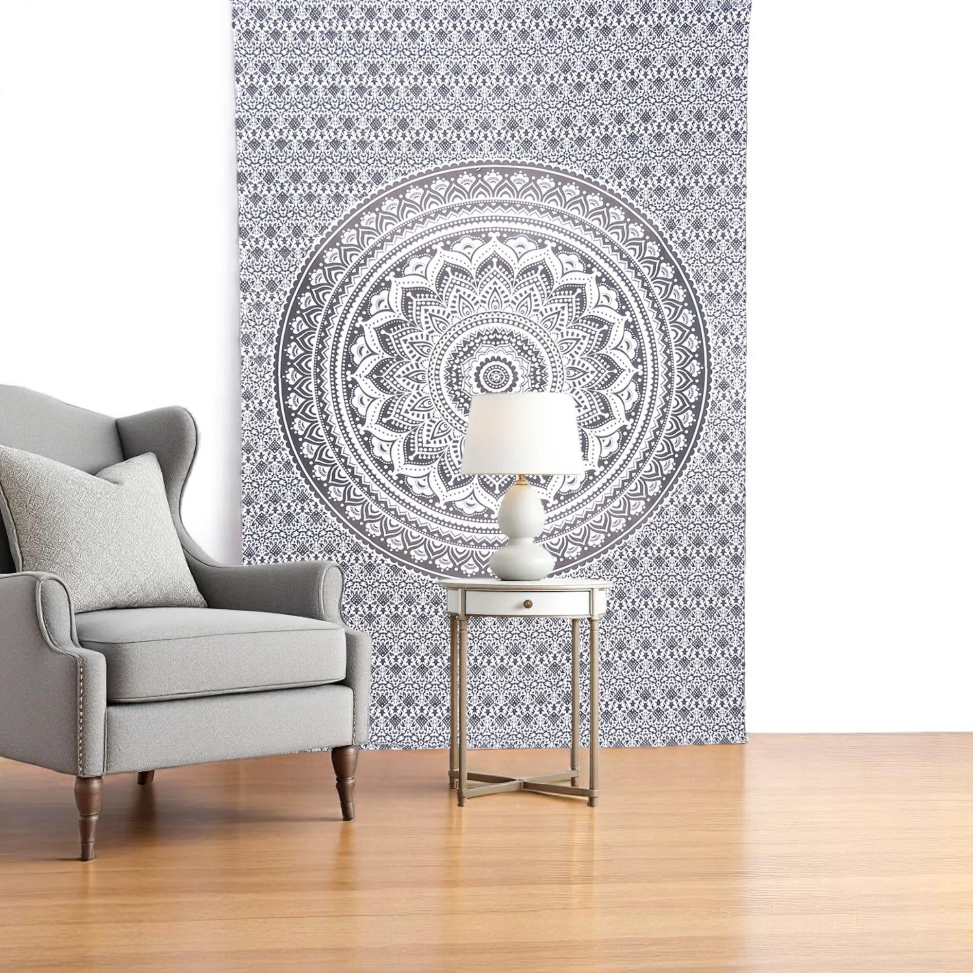 80 X 56 Black And White Mandala Cotton Hanging Tapestry