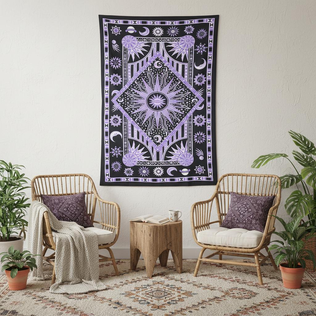 80 X 56 Purple Black And White Mandala Cotton Hanging Tapestry