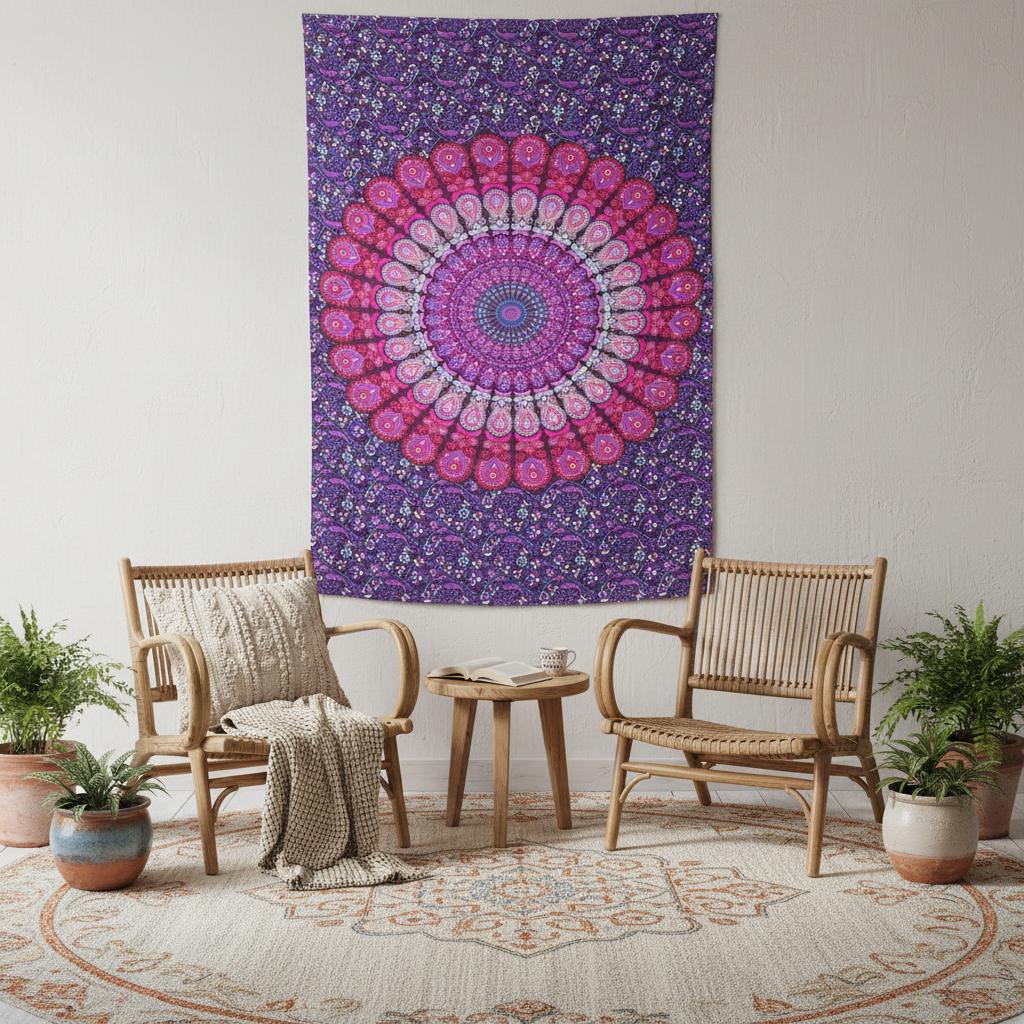 80 X 56 Purple Pink And White Mandala Cotton Hanging Tapestry