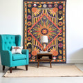 80 X 56 Black Red And Yellow Cotton Star and Sunburst Hanging Tapestry