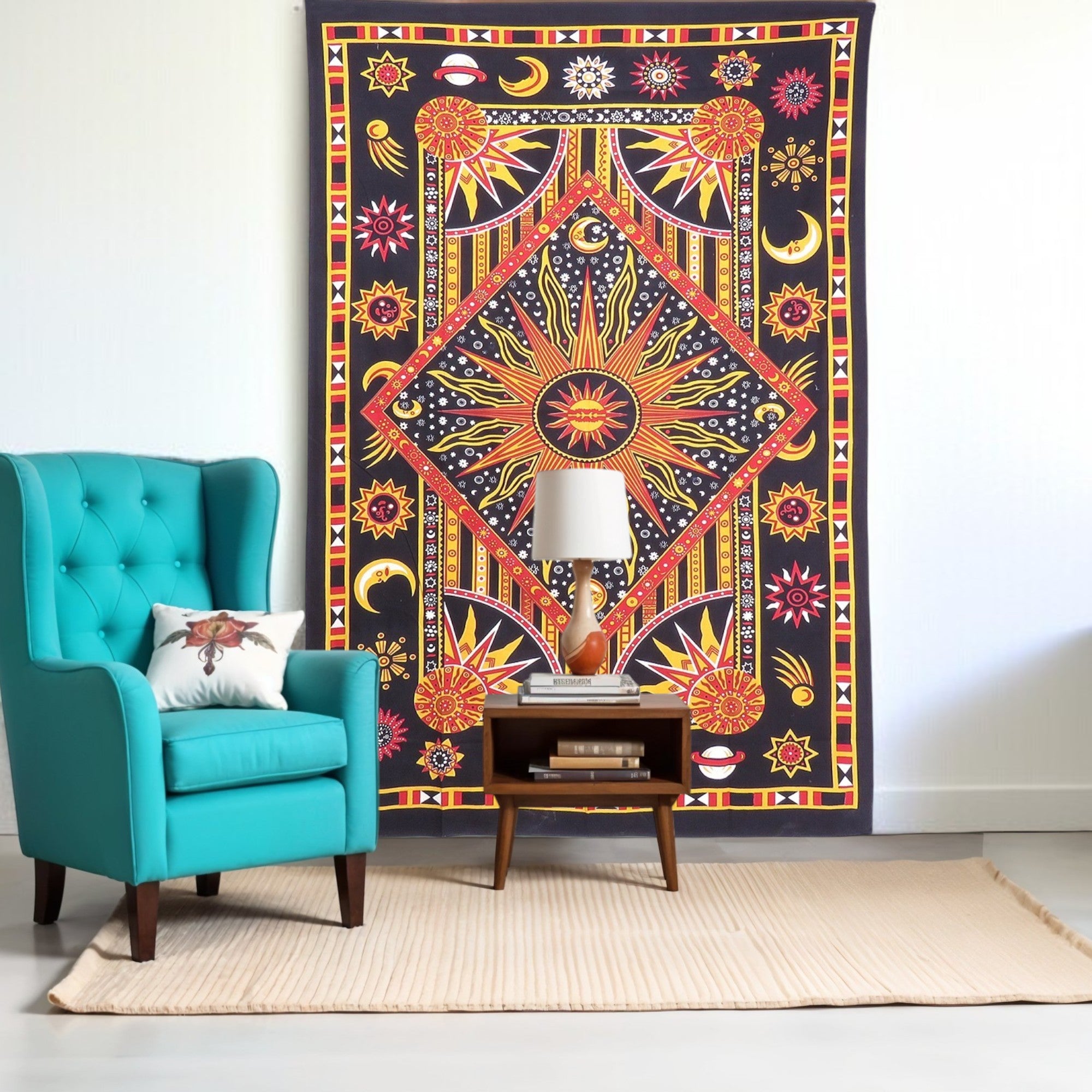80 X 56 Black Red And Yellow Cotton Star and Sunburst Hanging Tapestry