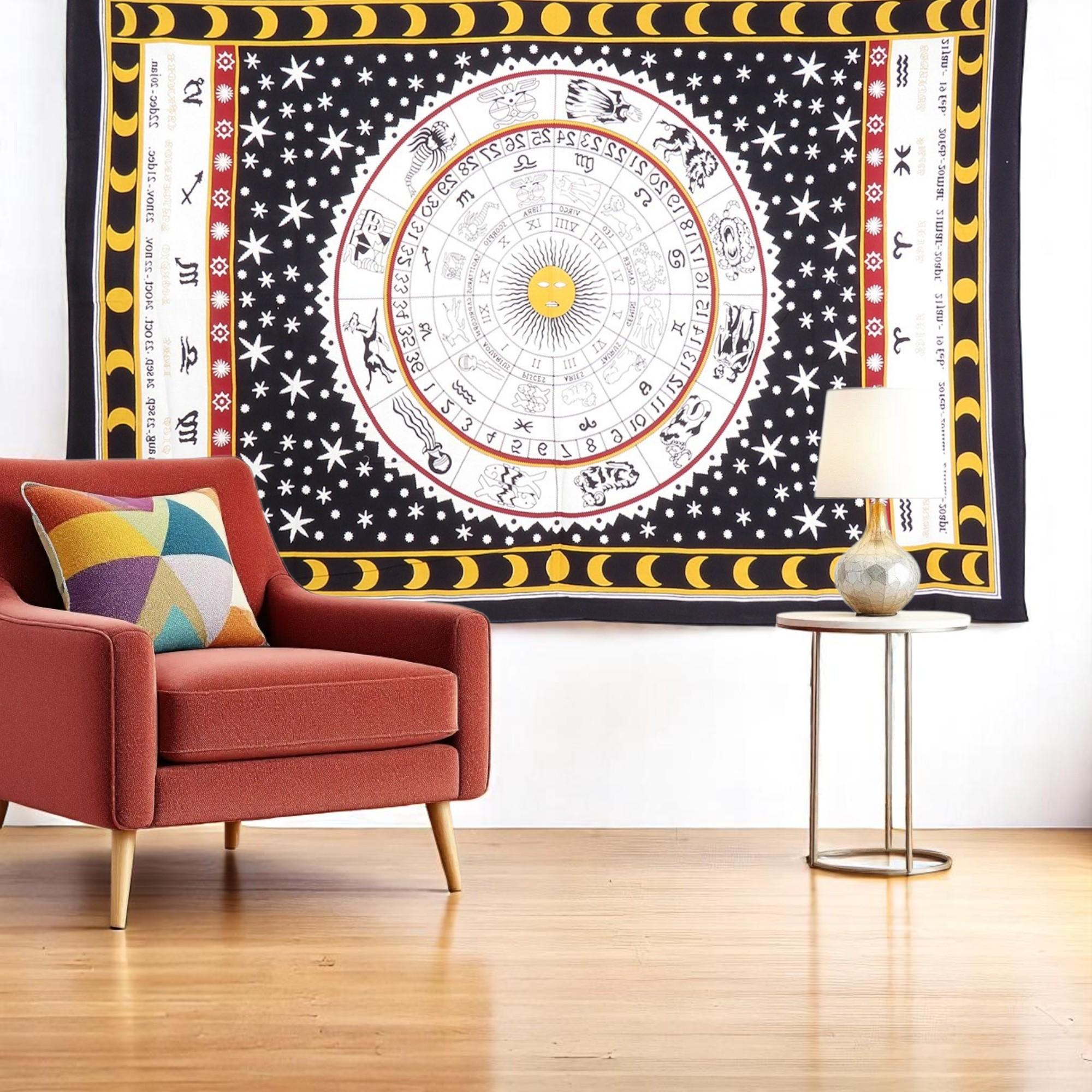 80 X 56 Black White And Yellow Cotton Hanging Tapestry