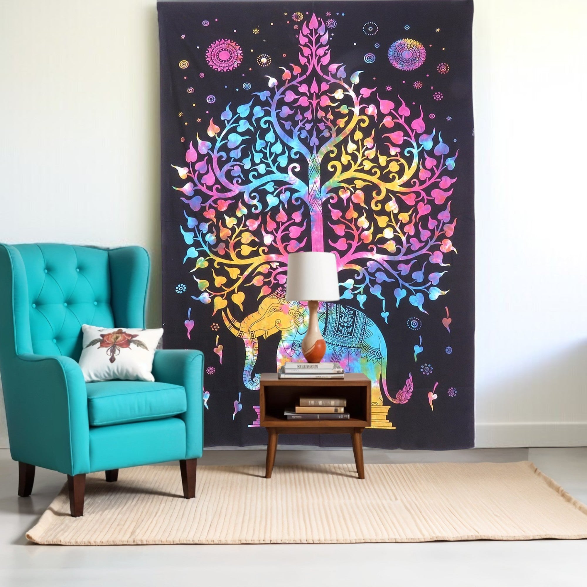 80 X 56 Black Pink And Yellow Elephant Mandala Cotton Hanging Tapestry