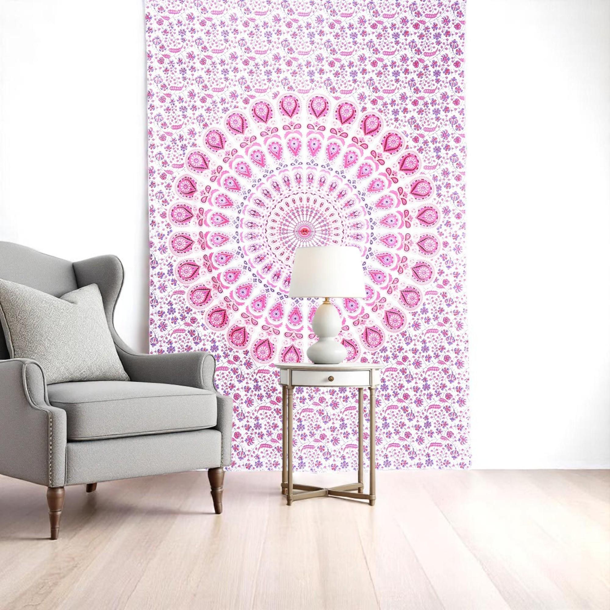 80 X 56 Pink And White Mandala Cotton Hanging Tapestry