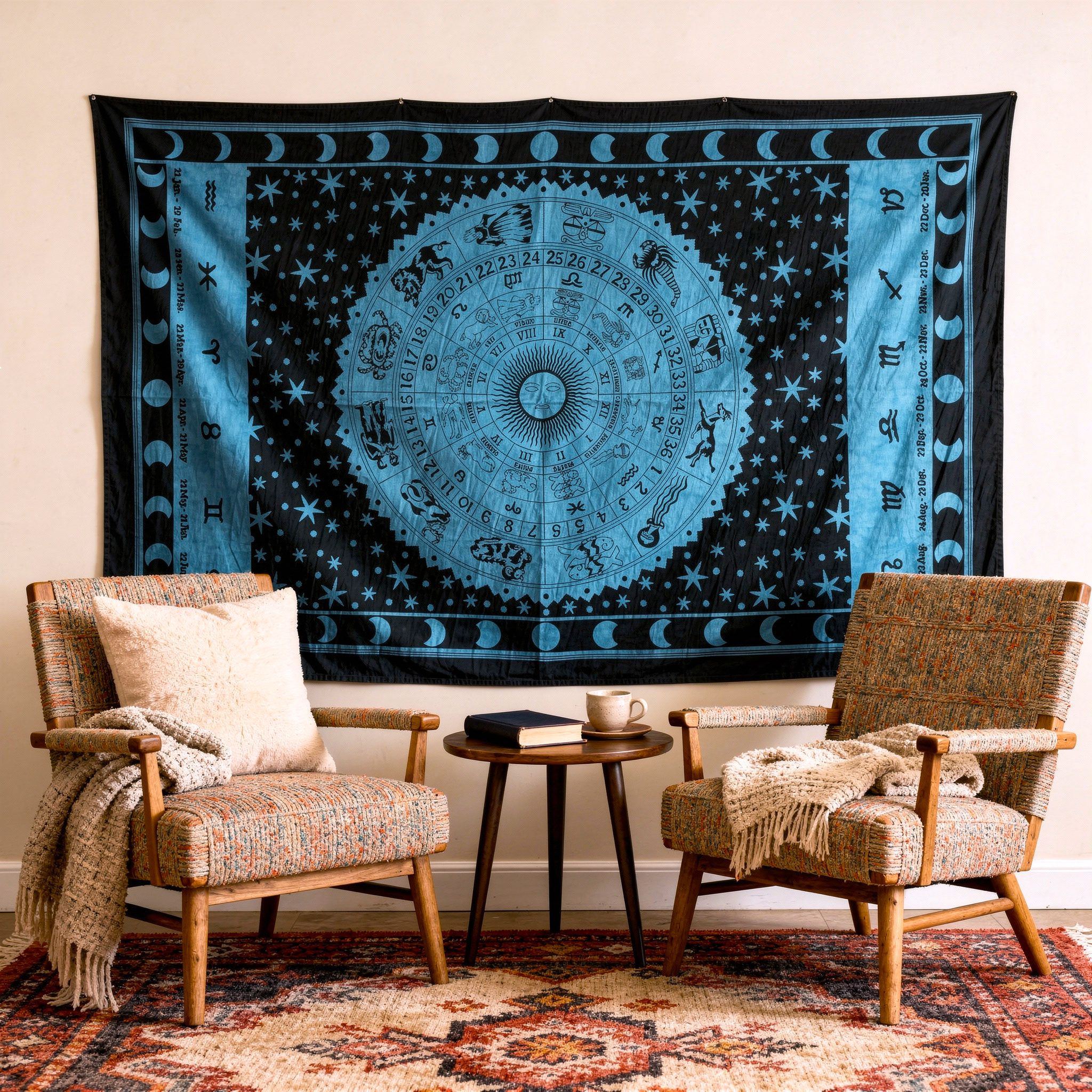 80 X 56 Black And Blue Cotton Hanging Tapestry