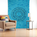 80 X 56 Turquoise And Black Mandala Cotton Hanging Tapestry