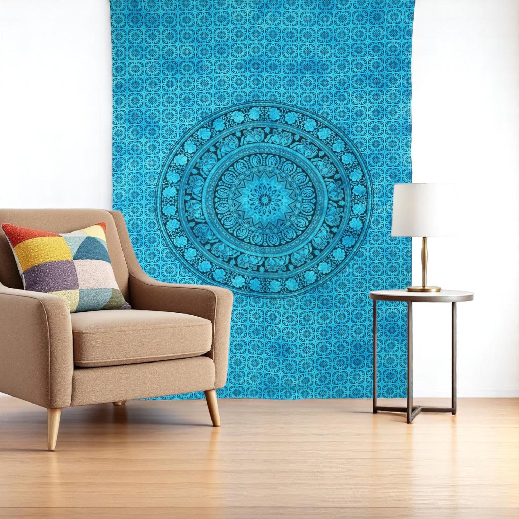 80 X 56 Turquoise And Black Mandala Cotton Hanging Tapestry