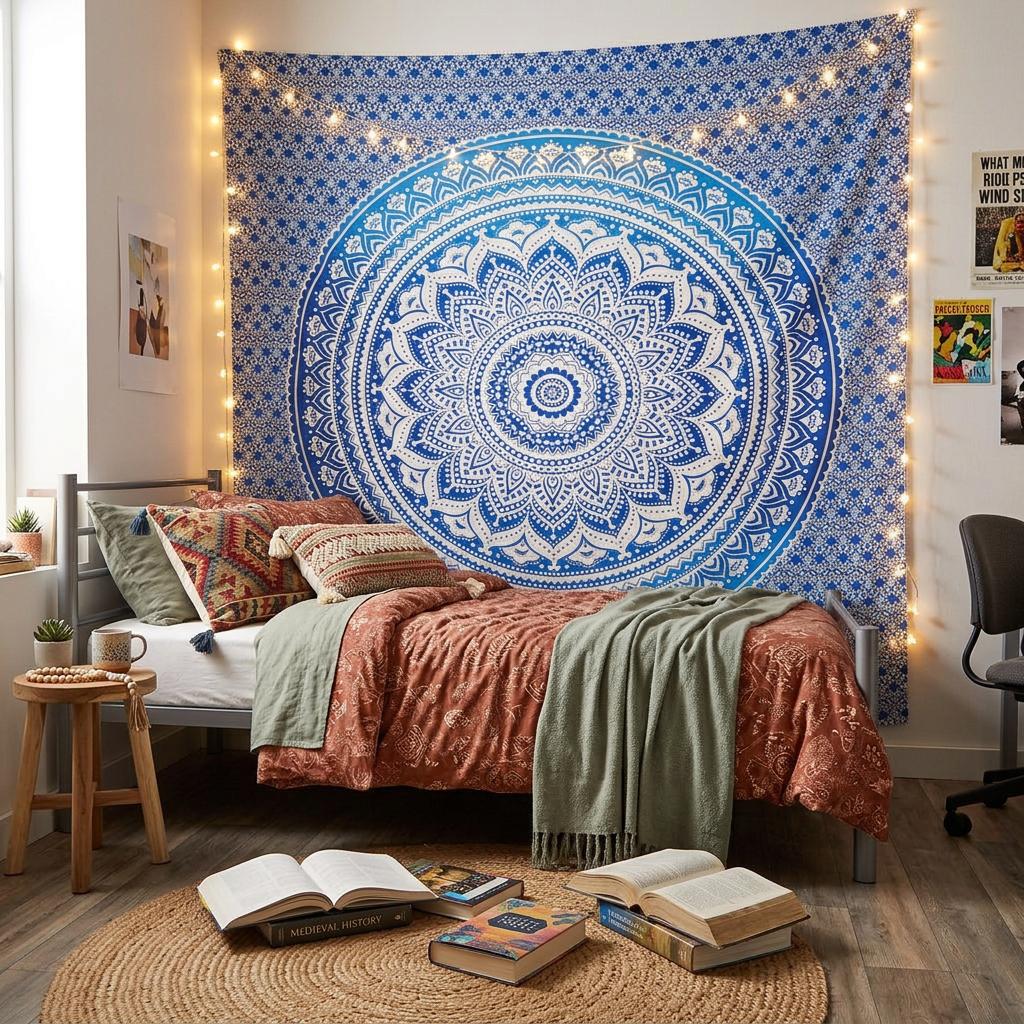 92 X 84 Blue And White Mandala Cotton Hanging Tapestry