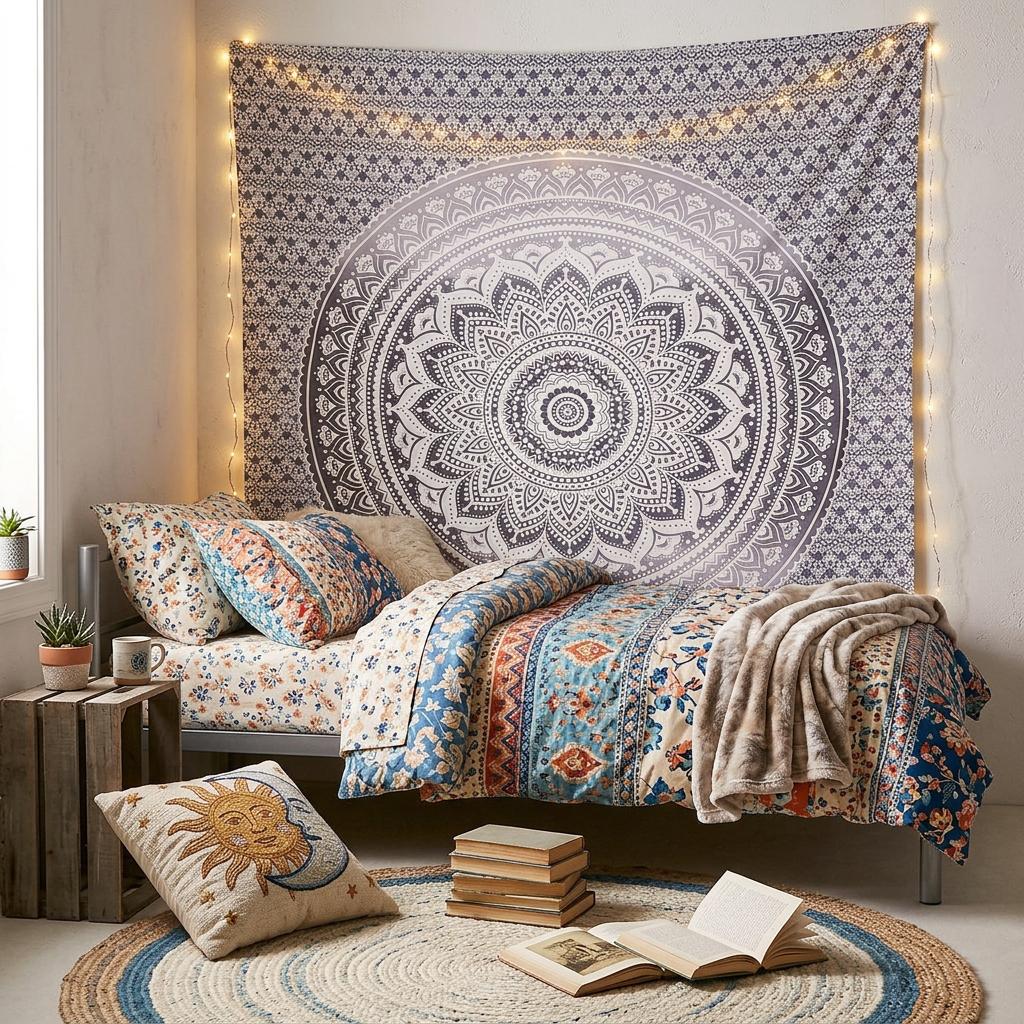 92 X 84 Gray And White Mandala Cotton Hanging Tapestry