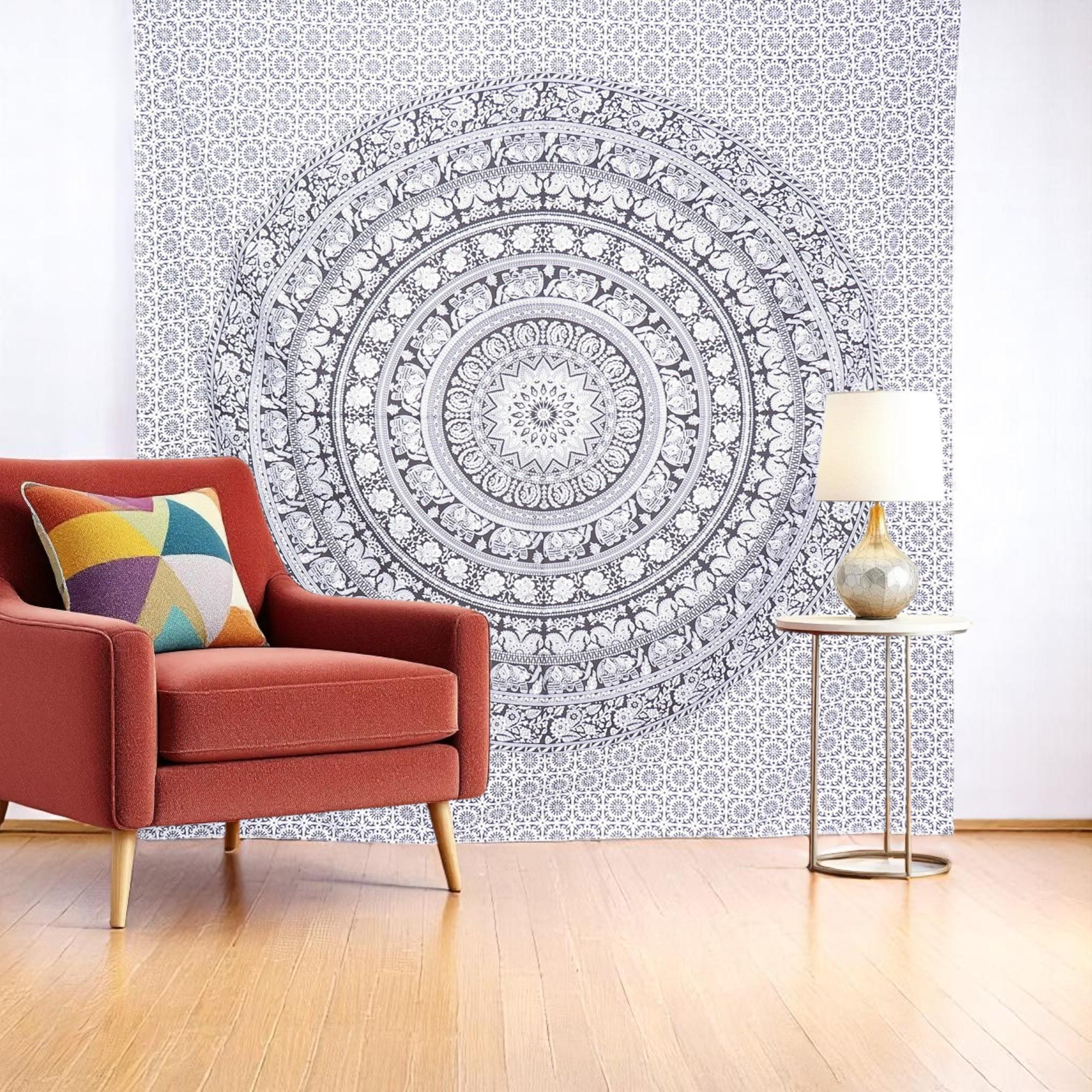 92 X 84 Black And White Mandala Cotton Hanging Tapestry
