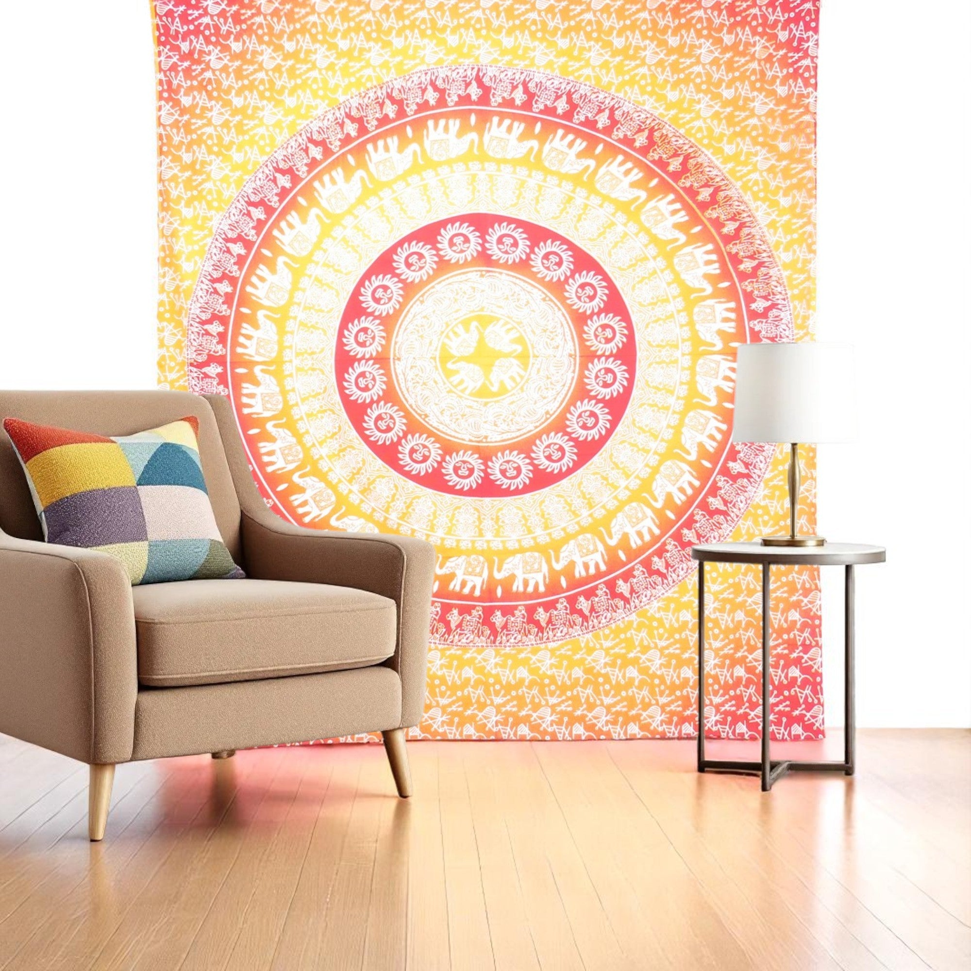 92 X 84 Mustard Red And White Mandala Cotton Hanging Tapestry