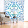 92 X 84 Blue Green And White Mandala Cotton Hanging Tapestry