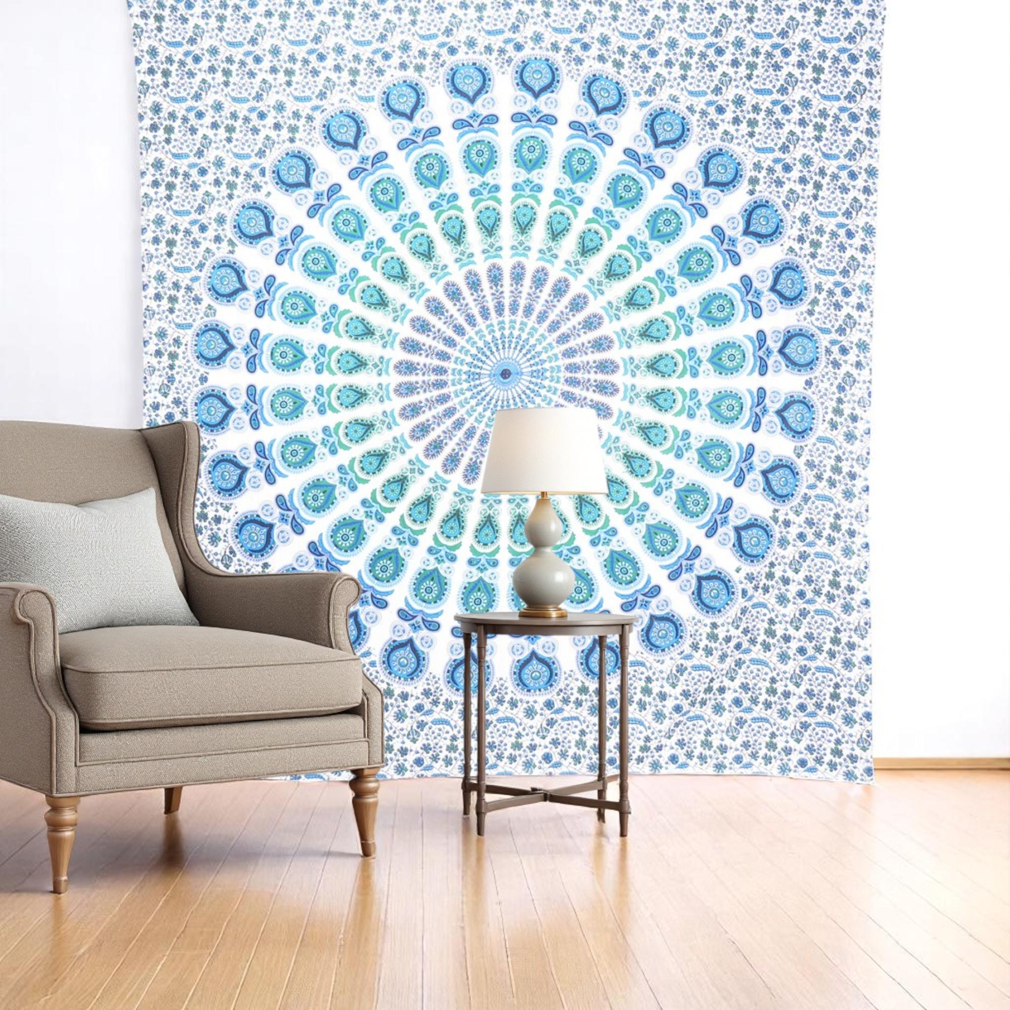 92 X 84 Blue Green And White Mandala Cotton Hanging Tapestry